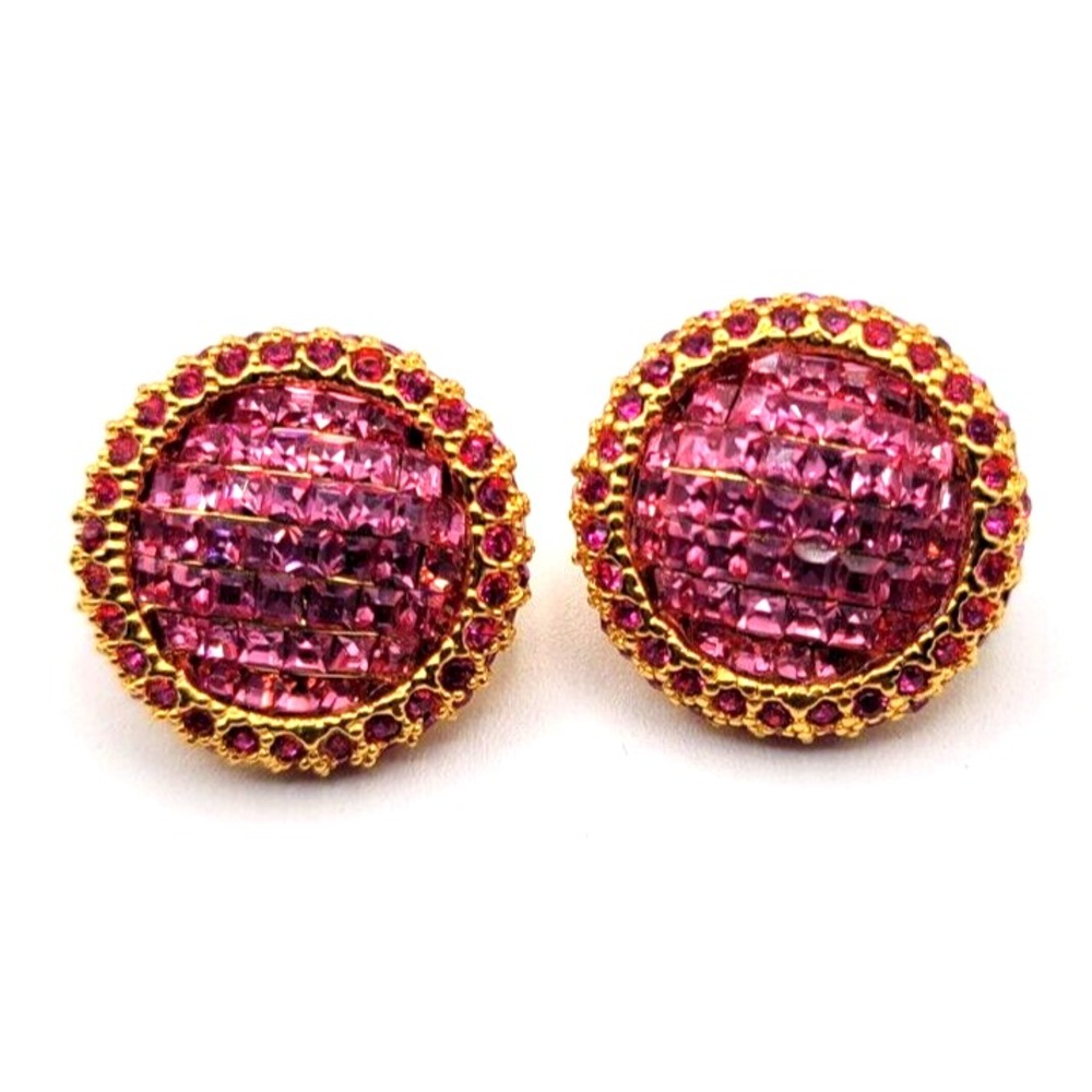 JOAN RIVERS PINK RHINESTONE CLIP ON EARRINGS‎ ROUND GOLD TONE SIGNED VINTAGE
